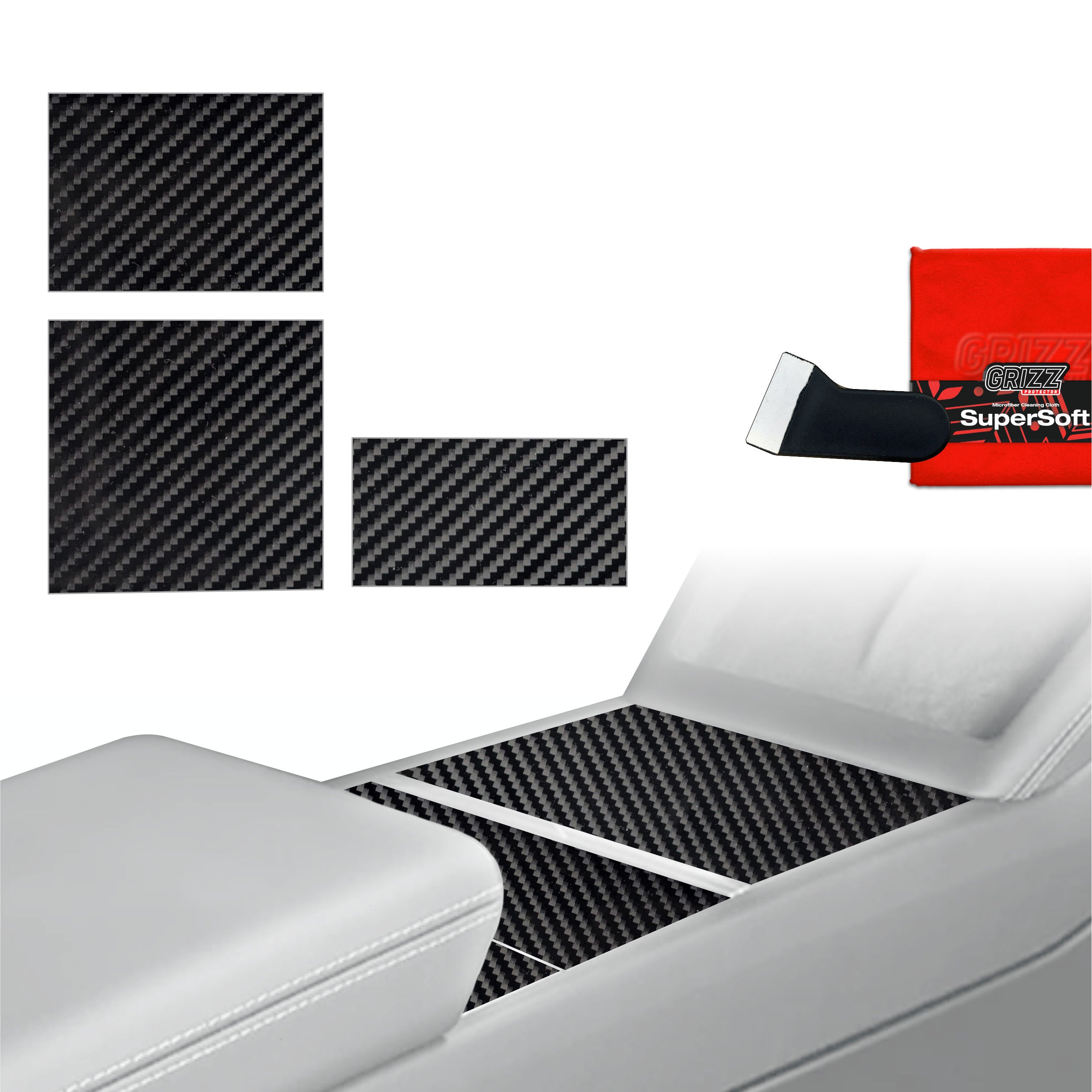 3in1 Schutzfolien Grizz Protector für Mittelkonsole - Tesla Model 3 Highland (2024-2026) Carbon Optik Glanz