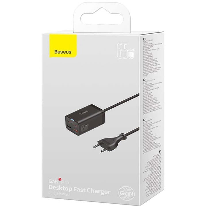 Wandladegerät Baseus GaN3 Pro QC 2x USB-C 2x USB-A, 65W, Schwarz