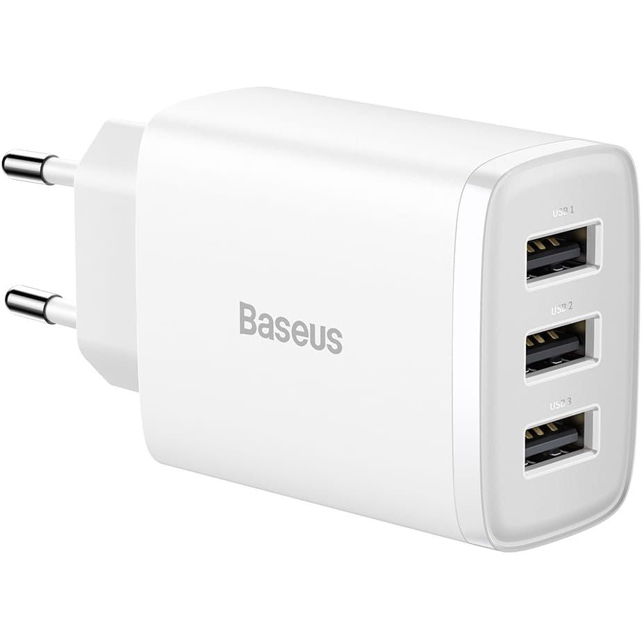 Ladegerät Baseus Compact 3x USB-A 17 W, Weiß