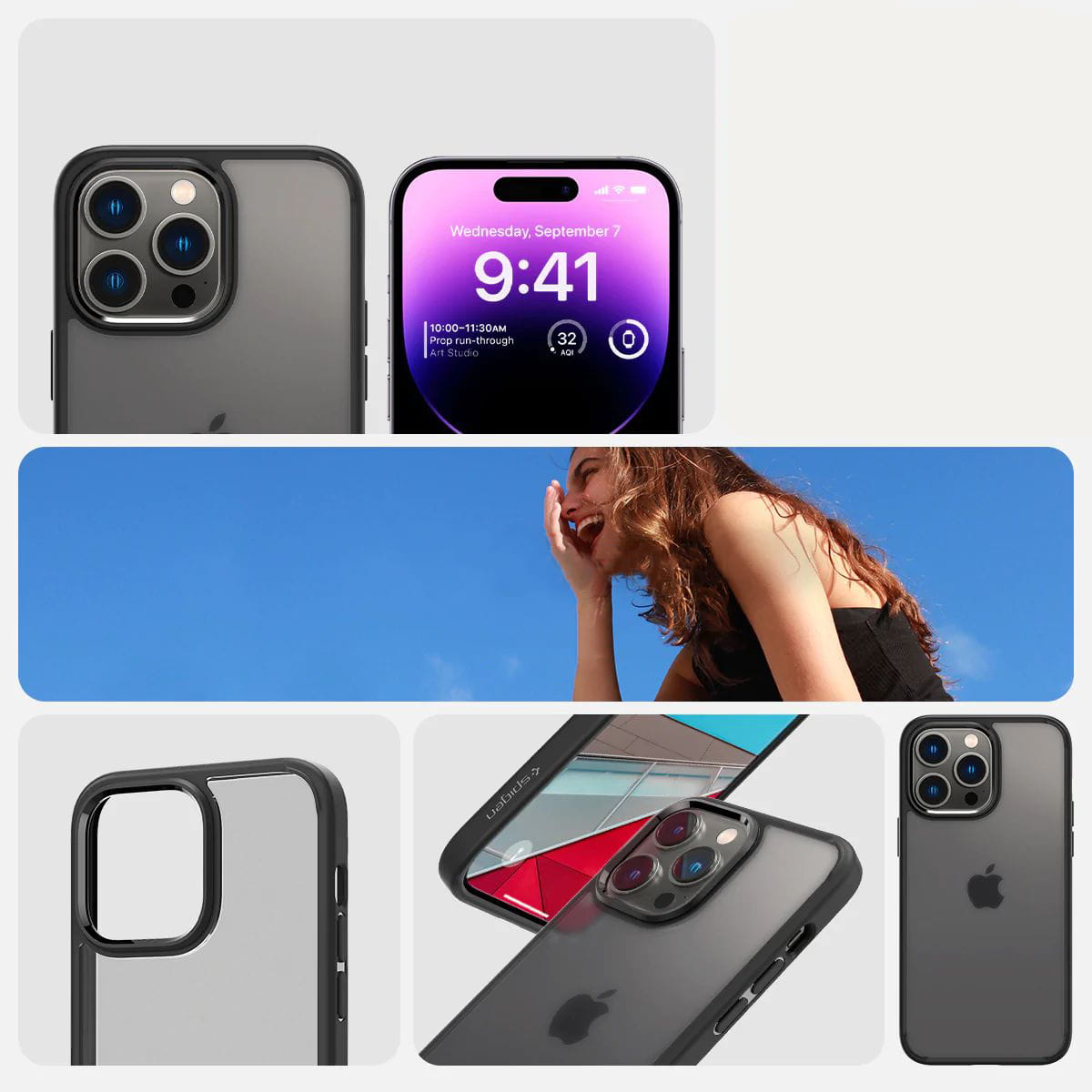 Schutzhülle Spigen Ultra Hybrid für iPhone 14 Pro Max, Transparent-Matt mit schwarzem Rand