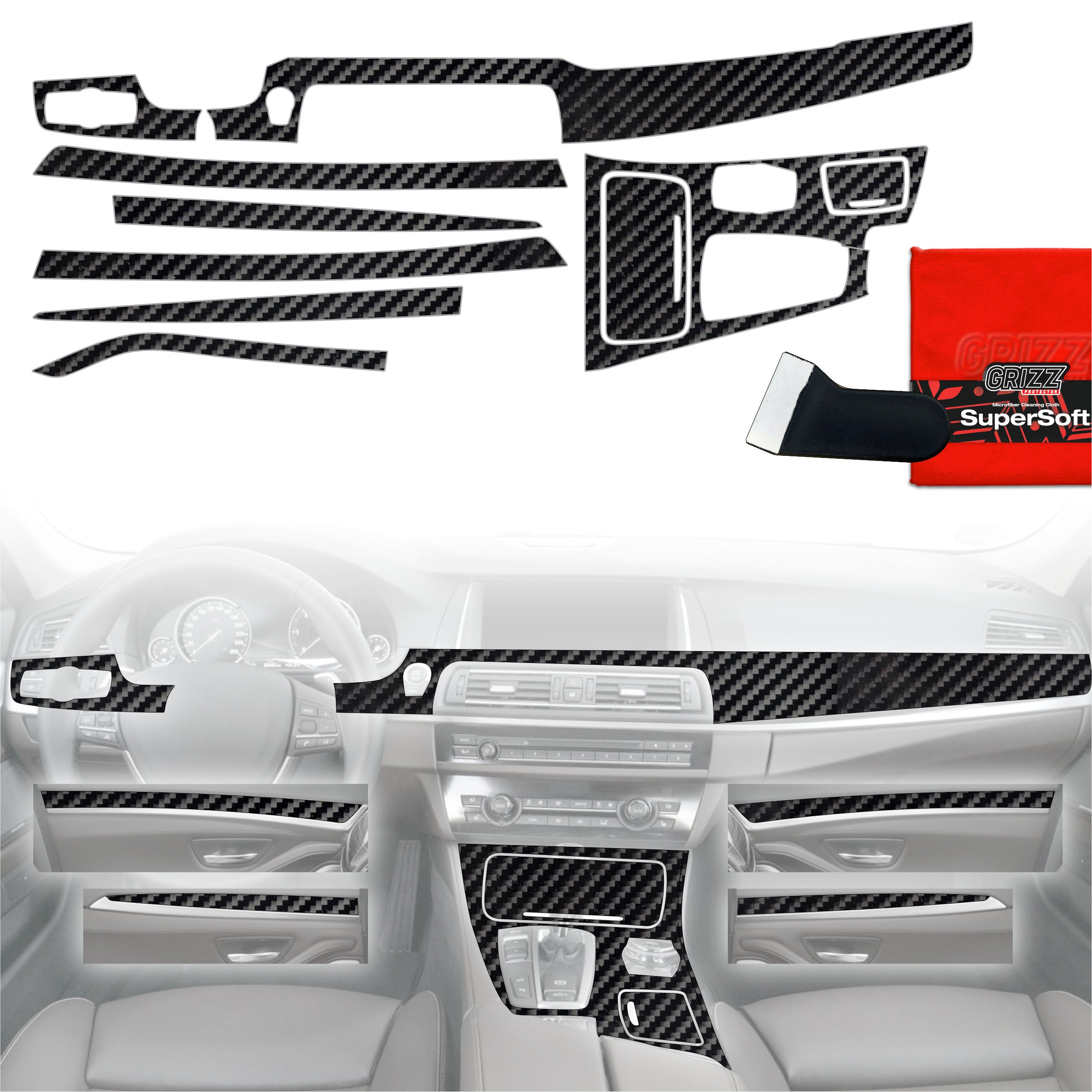 8in1 Schutzfolien Grizz Protector für Mittelkonsole & Armaturenbrett - BMW 5 F10 (2012-2017) Carbon Optik Glanz