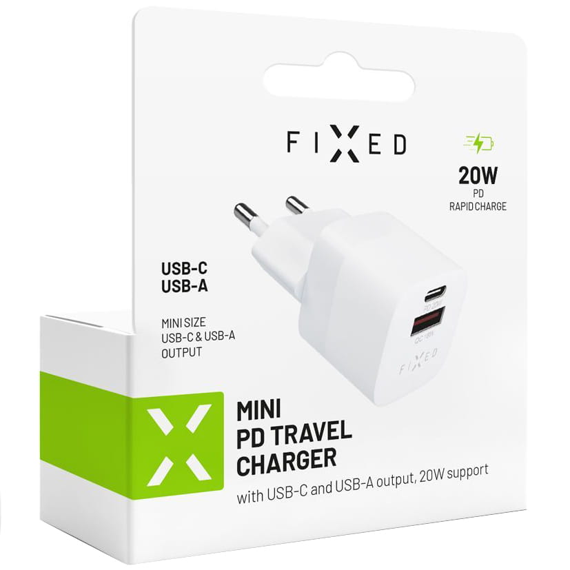 Ladegerät Fixed Mini PD Travel Charger, USB-C, USB-A, 20 W, QC 3.0, Weiß