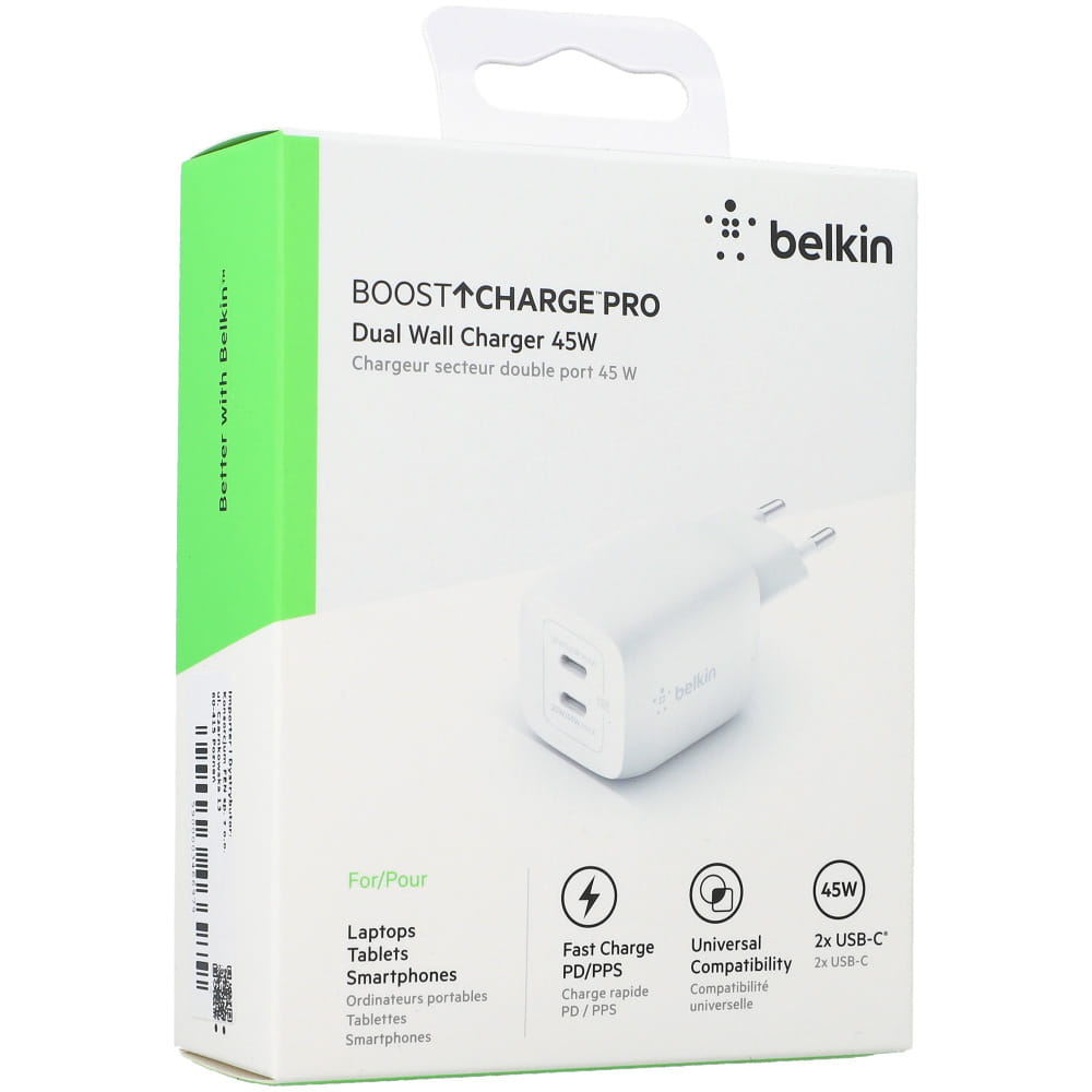 Wandladegerät Belkin Boost Pro Wall Dual USB-C PD 3.0 PPS GaN 45W, Weiß