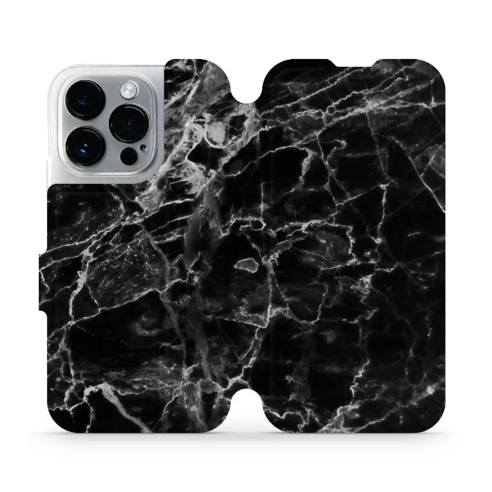 Handyhülle mit klappe für iPhone 14 Pro, Mobiwear Book, Schwarzer Marmor