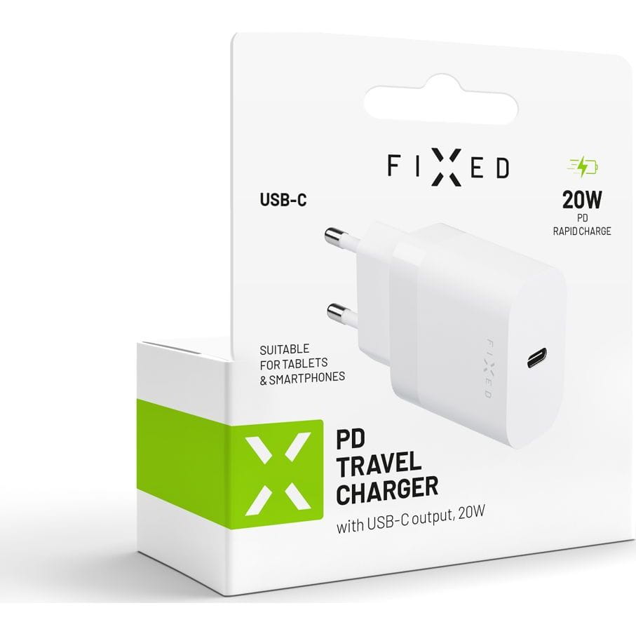 Weißes Fixed PD Travel Charger USB-C Ladegerät 20W in Verpackung, geeignet für Tablets und Smartphones, universelles Netzteil.