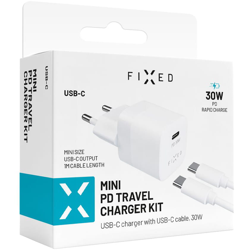 Fixed Mini PD Travel Charger USB-C + USB-C Kabel, 30 W, Weiß