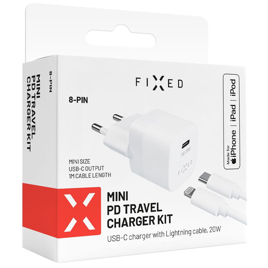 Fixed Mini PD Travel Charger Kit mit USB-C und Lightning Kabel, 20W, Weiß für Apple-Geräte, kompakte Größe, MFi-zertifiziert