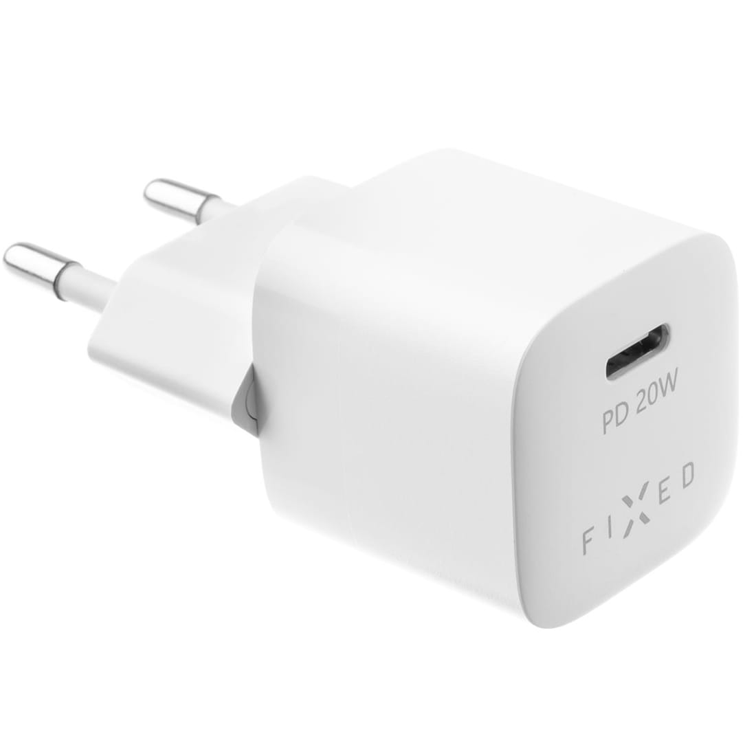 Weißes Fixed Mini PD Travel Ladegerät mit USB-C Anschluss, 20 W Leistung, für Apple Geräte, MFi-zertifiziert.