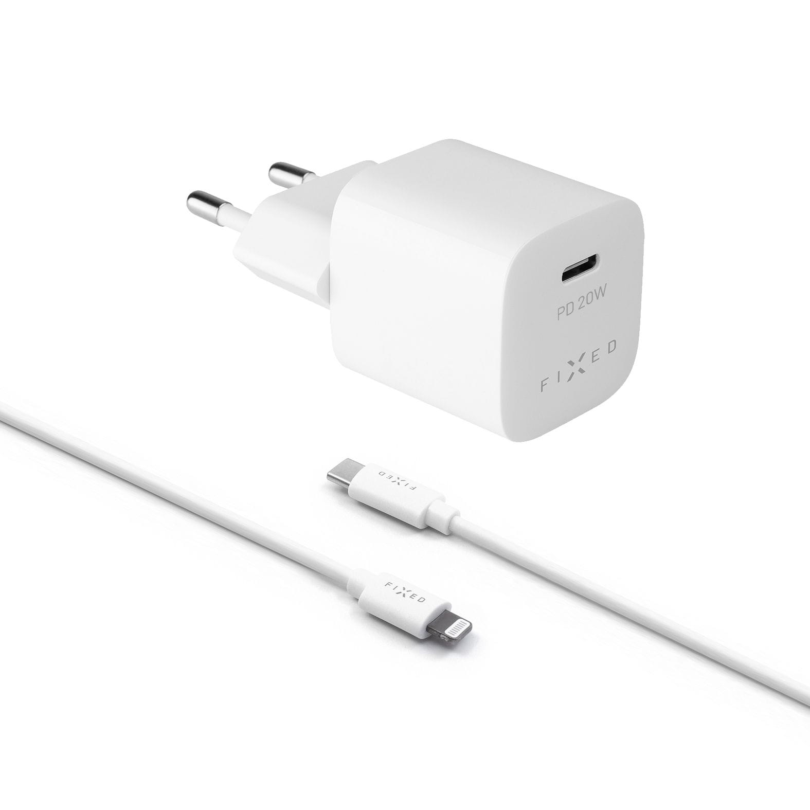 Weißer Fixed Mini PD Reise-Ladegerät mit USB-C und Lightning Kabel, 20W, MFi-zertifiziert, ideal für Apple-Geräte.