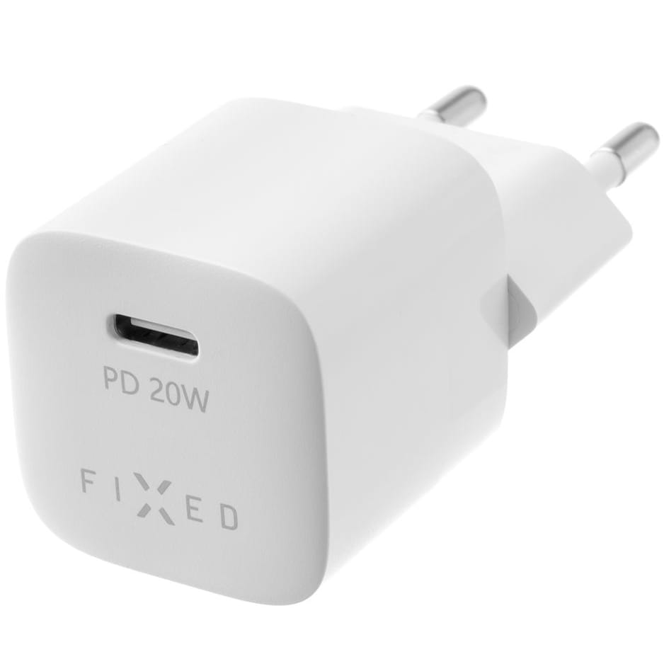 Weißes Fixed Mini PD Travel Charger Ladegerät, USB-C, 20 W, MFi zertifiziert für Apple Geräte, kompakt und effizient.