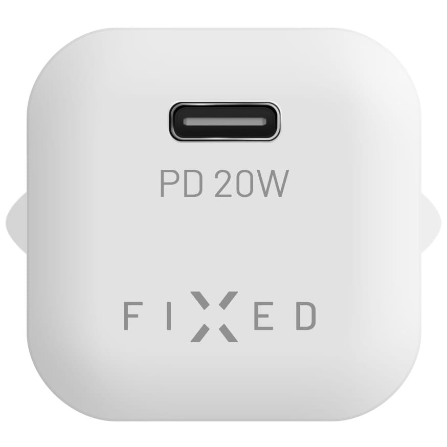 Weißes Fixed Mini PD Travel Charger, 20W, USB-C Ladegerät vorne, MFi-zertifiziert für Apple, kompakt und leistungsstark.