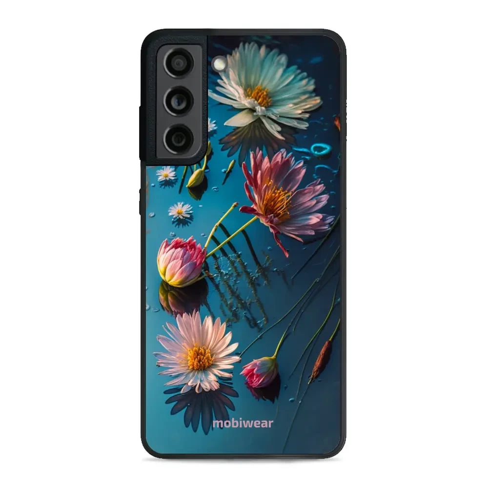 Handyhülle für Galaxy S21 FE, Mobiwear Glossy Case, Blau-Blumig