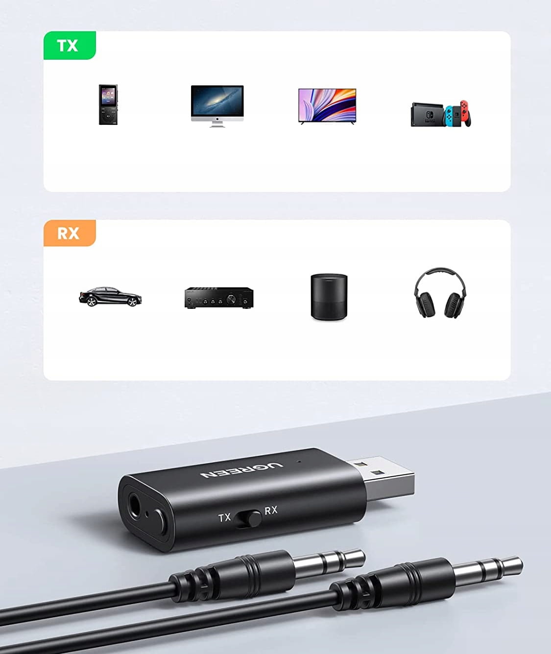 Bluetooth-Funkadapter 5.1 UGREEN Audio-Sender 3,5 mm Miniklinke, Schwarz