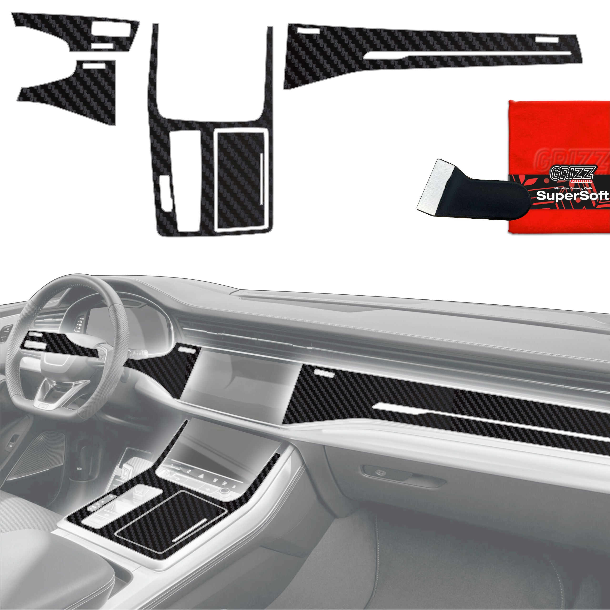 5in1 Schutzfolien Grizz Protector für Mittelkonsole & Armaturenbrett - Audi Q7 (2019-2024) Carbon Optik Matt Antifingerprint