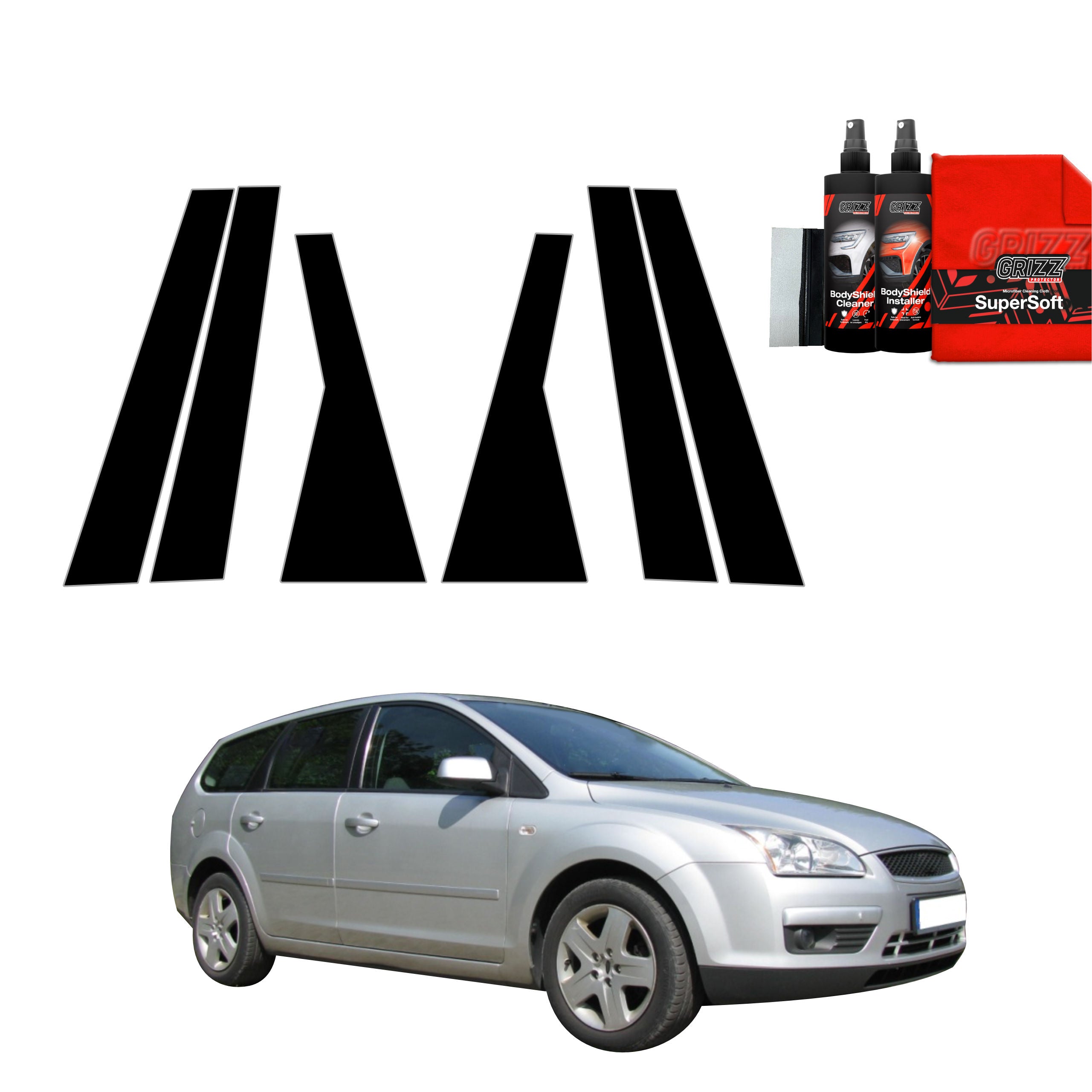 6in1 Schwarze Grizz Protector schutzfolie für B-C-Säule - Ford Focus Mk2 Kombi (2004-2007)