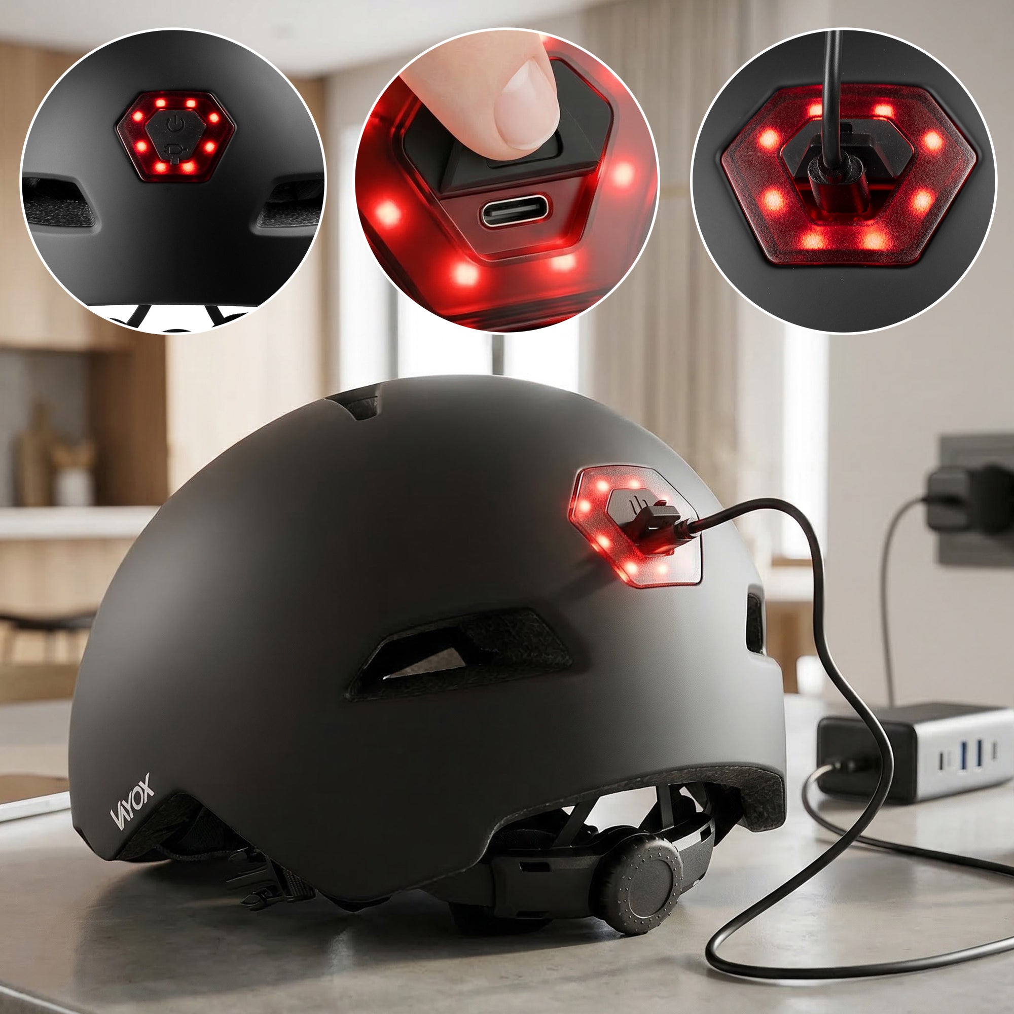 Fahrradhelm mit LED-Licht, Vayox Street VA0423BMM 55-58 cm, Schwarz