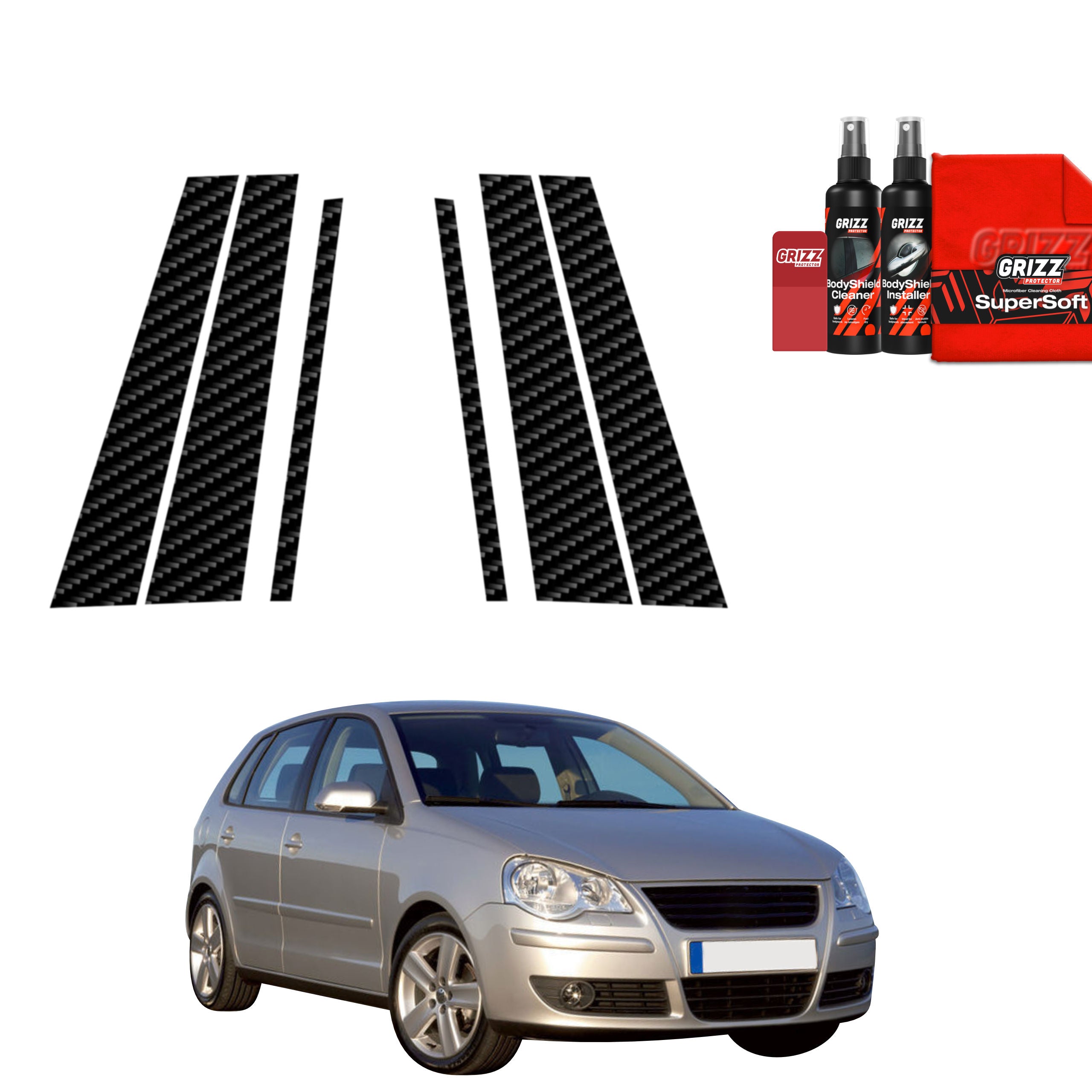 6in1 Kohlenstoff Schutzfolie Grizz Protector für B-C-Säule - Volkswagen Polo Hatchback 5D (2001-2009)