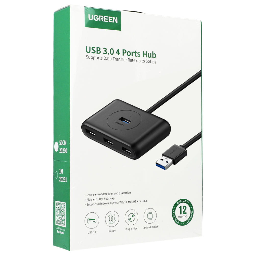 HUB Ugreen USB Computer Verteiler - 4x USB 3.0 mit USB-A Kabel (0,5 m) / 5Gbps, Schwarz