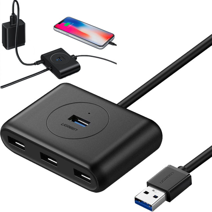 HUB Ugreen USB Computer Verteiler - 4x USB 3.0 mit USB-A Kabel (0,5 m) / 5Gbps, Schwarz