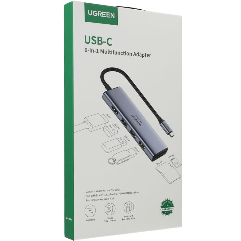 HUB Ugreen USB-Splitter - 3x USB 3.2 Gen 1, HDMI 4K 60Hz, SD, TF mit USB-C Stromanschluss, Grau
