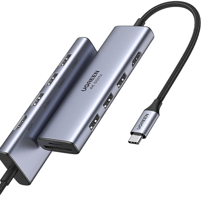 HUB Ugreen USB-Splitter - 3x USB 3.2 Gen 1, HDMI 4K 60Hz, SD, TF mit USB-C Stromanschluss, Grau