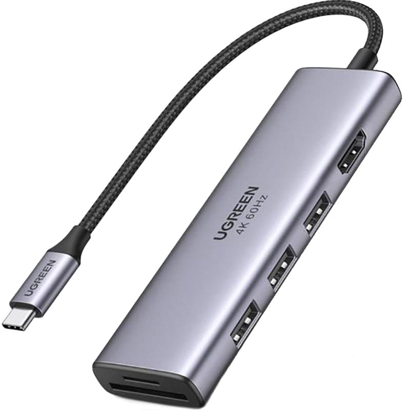 HUB Ugreen USB-Splitter - 3x USB 3.2 Gen 1, HDMI 4K 60Hz, SD, TF mit USB-C Stromanschluss, Grau