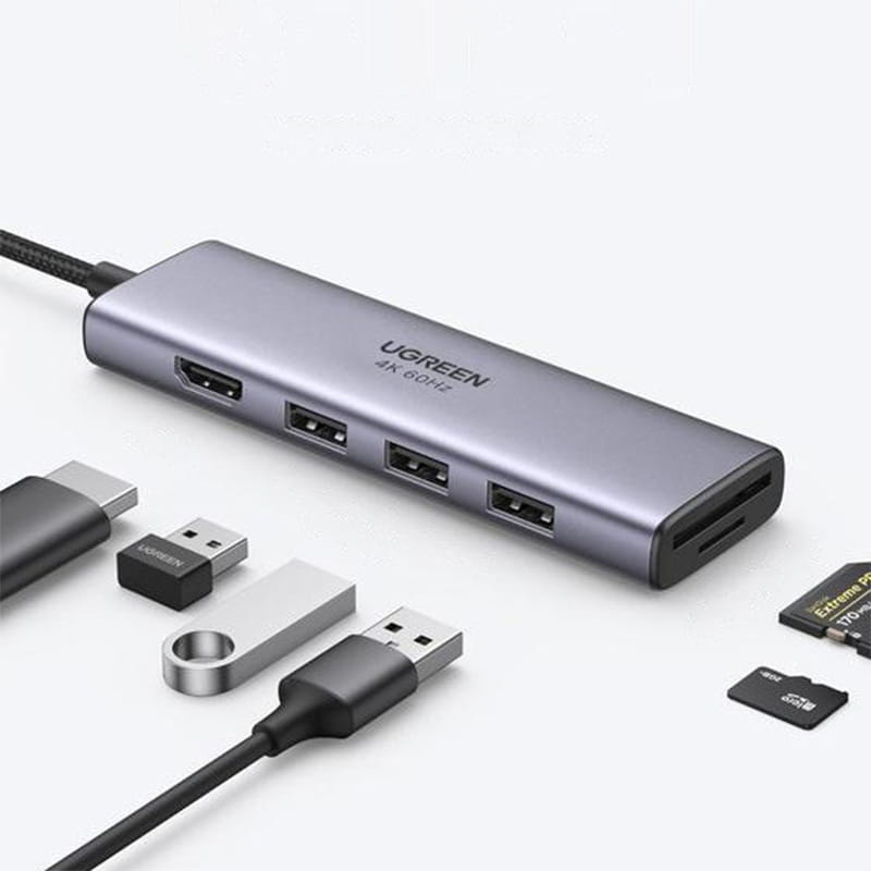 HUB Ugreen USB-Splitter - 3x USB 3.2 Gen 1, HDMI 4K 60Hz, SD, TF mit USB-C Stromanschluss, Grau