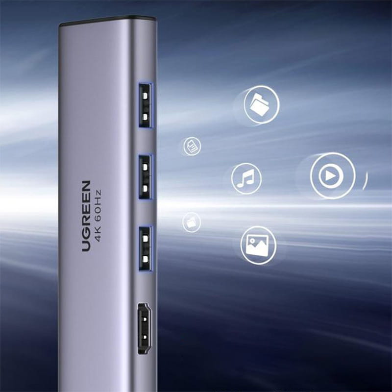 HUB Ugreen USB-Splitter - 3x USB 3.2 Gen 1, HDMI 4K 60Hz, SD, TF mit USB-C Stromanschluss, Grau