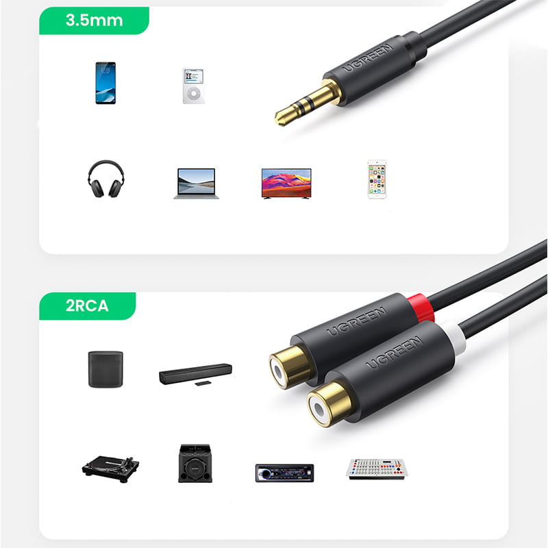Ugreen Audiokabel 3,5 mm Miniklinke (männlich) - 2x RCA (weiblich), 25 cm, Grau