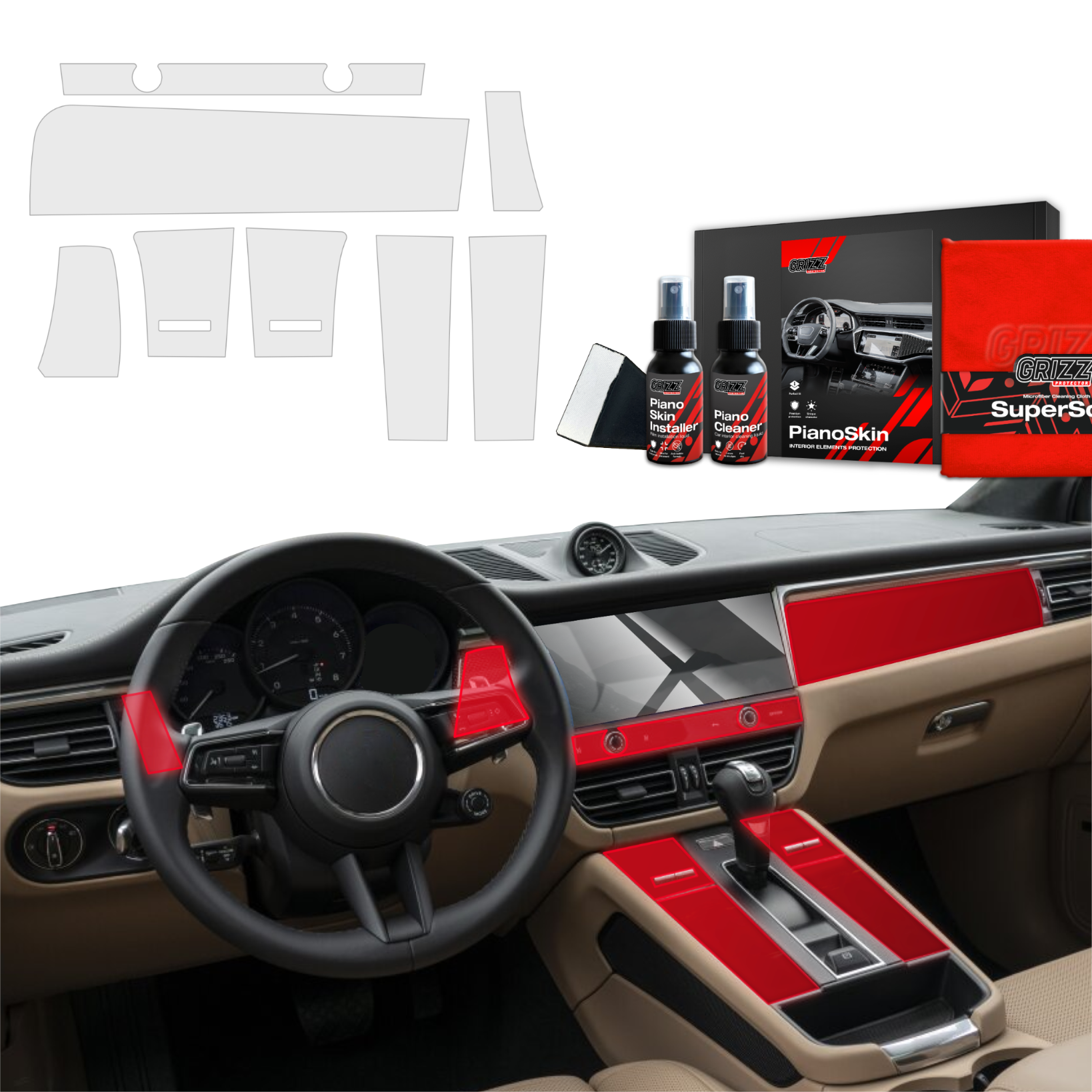8in1 Schutzfolien Grizz Protector für Mittelkonsole & Armaturenbrett - Porsche Macan GTS (2021-2024) Matt
