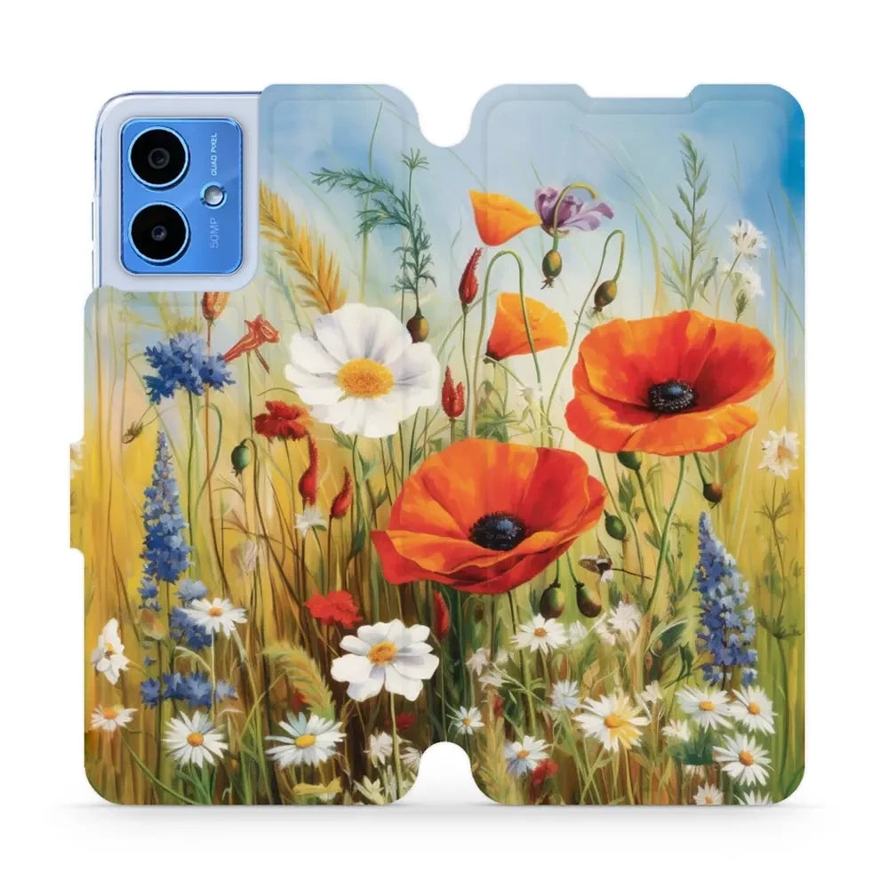 Handyhülle mit klappe für Motorola Moto G14, Mobiwear Book, Wiesenblumen