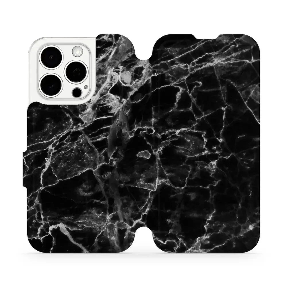 Handyhülle mit klappe für iPhone 15 Pro, Mobiwear Book, Schwarzer Marmor