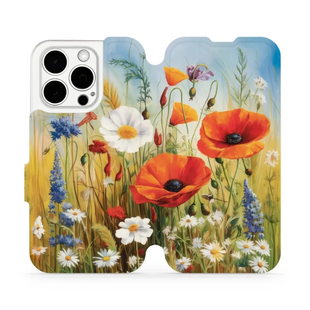Handyhülle mit klappe für iPhone 15 Pro, Mobiwear Book, Wiesenblumen