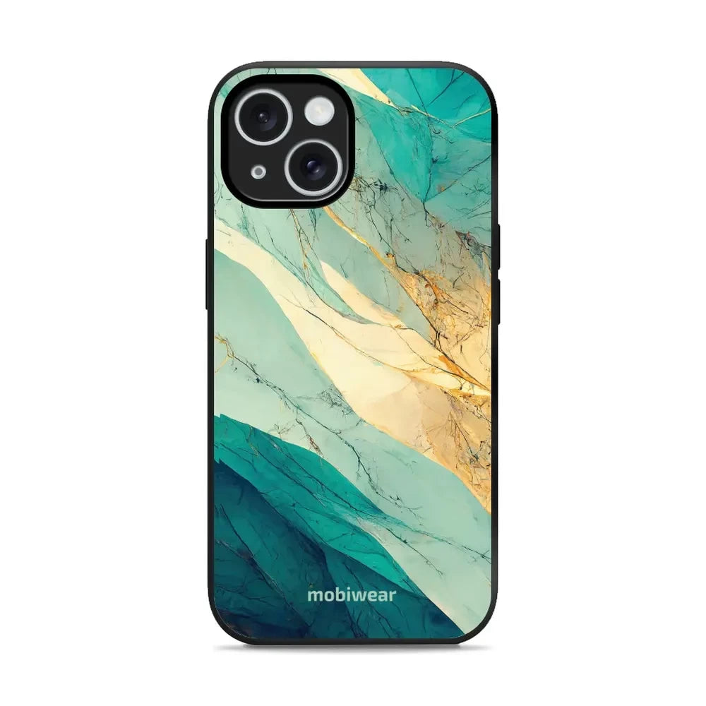 Handyhülle für iPhone 15, Mobiwear Glossy Case, Türkis-Marmor