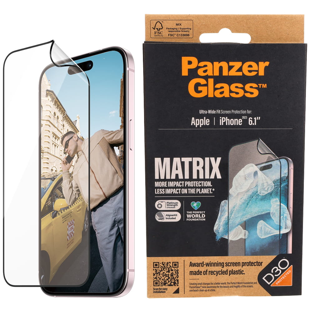 Hybridglas für das gesamte Display PanzerGlass Ultra-Wide Fit Matrix + AlignerKit für iPhone 15
