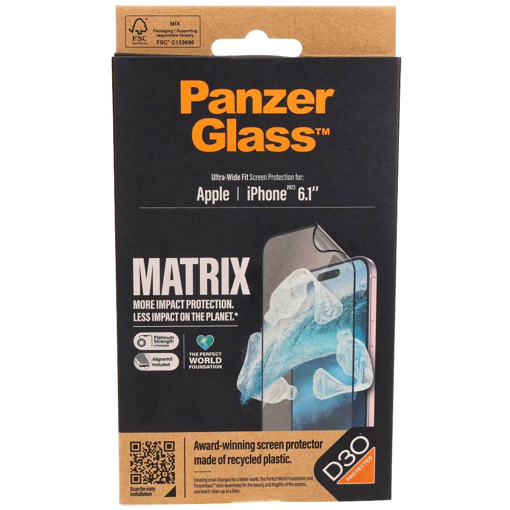 Hybridglas für das gesamte Display PanzerGlass Ultra-Wide Fit Matrix + AlignerKit für iPhone 15