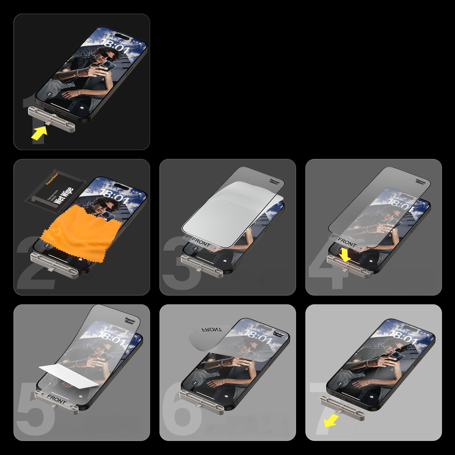 Hybridglas für das gesamte Display PanzerGlass Ultra-Wide Fit Matrix + AlignerKit für iPhone 15
