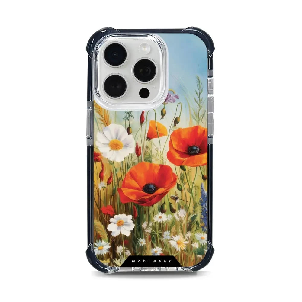 Handyhülle für iPhone 15 Pro mit MagSafe, Mobiwear Elite Bumper, Wiesenblumen
