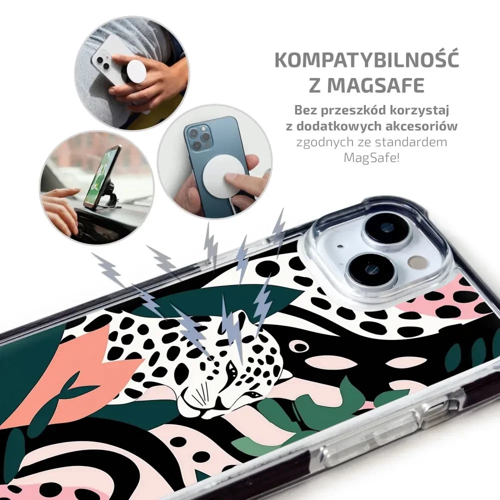 Handyhülle für iPhone 15 Pro mit MagSafe, Mobiwear Elite Bumper, Tropischer Gepard