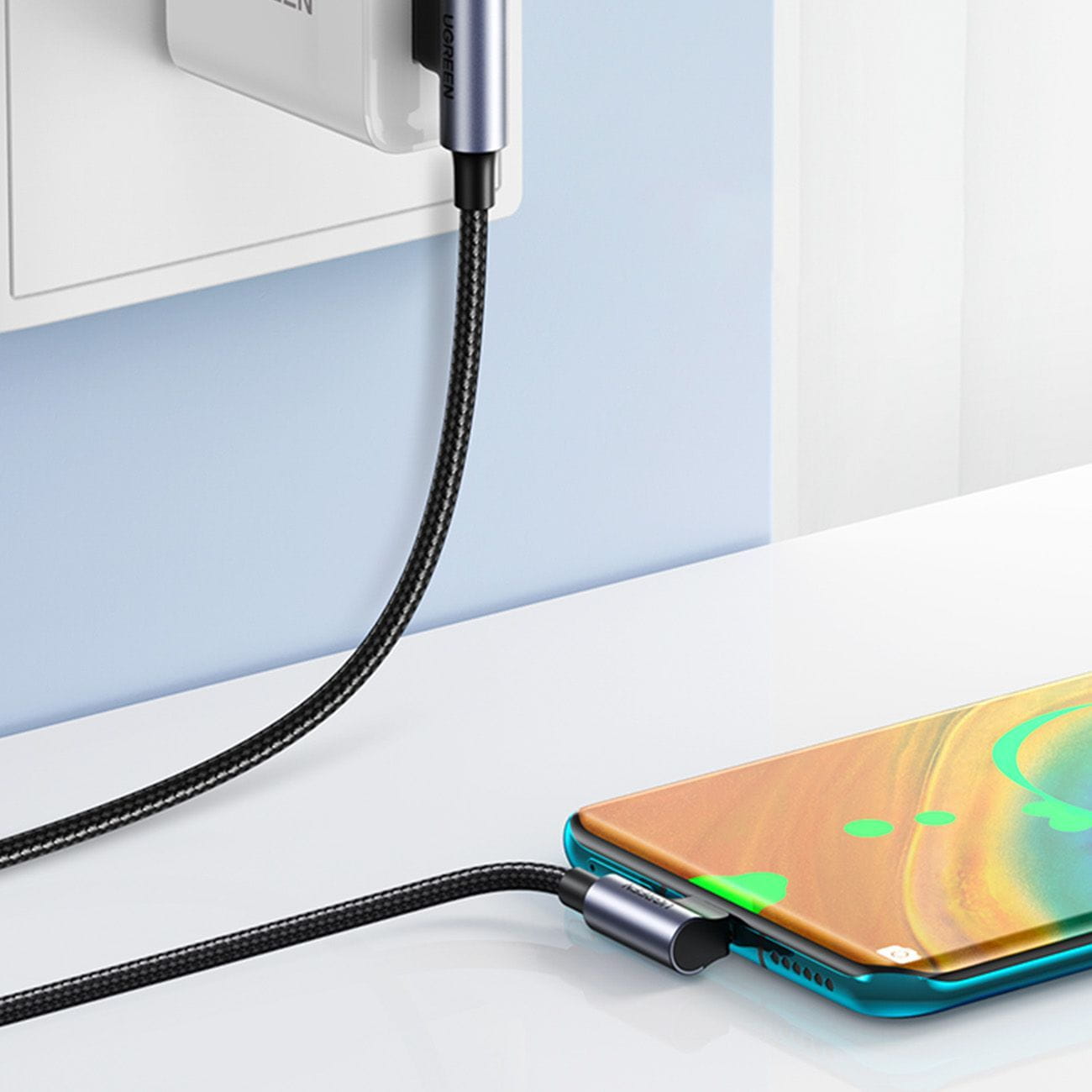 Ugreen US176 USB-A / USB-C abgewinkeltes Kabel, QC 3.0, 480Mbps, 3A, 3m, Schwarz