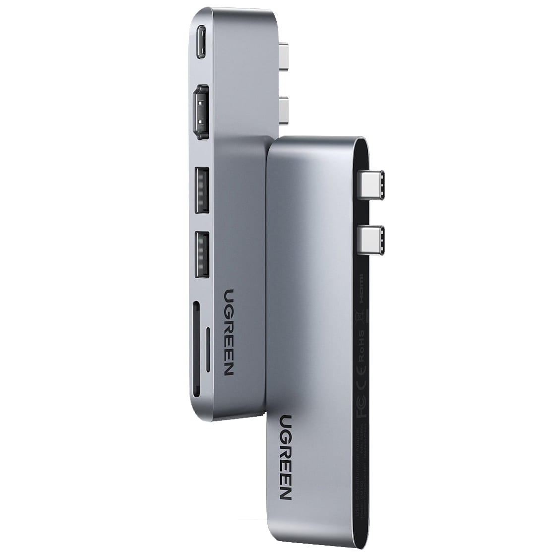 HUB Ugreen MacBook Splitter 2x USB Typ C - USB-C Thunderbolt 3, 2x USB-A 5Gb/s, HDMI 4k30Hz, SD, TF, Silber