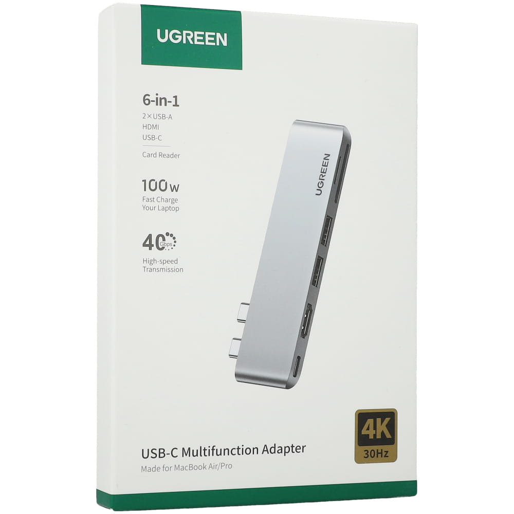 HUB Ugreen MacBook Splitter 2x USB Typ C - USB-C Thunderbolt 3, 2x USB-A 5Gb/s, HDMI 4k30Hz, SD, TF, Silber