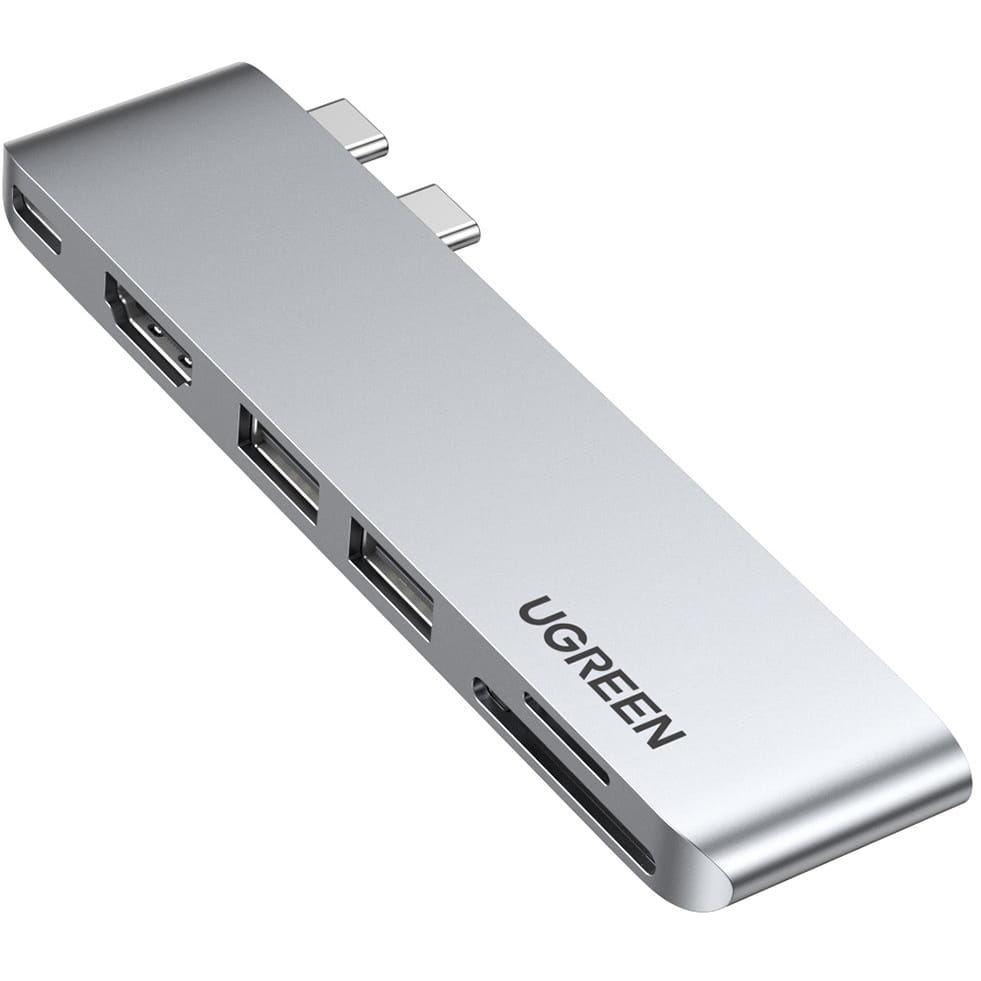 HUB Ugreen MacBook Splitter 2x USB Typ C - USB-C Thunderbolt 3, 2x USB-A 5Gb/s, HDMI 4k30Hz, SD, TF, Silber