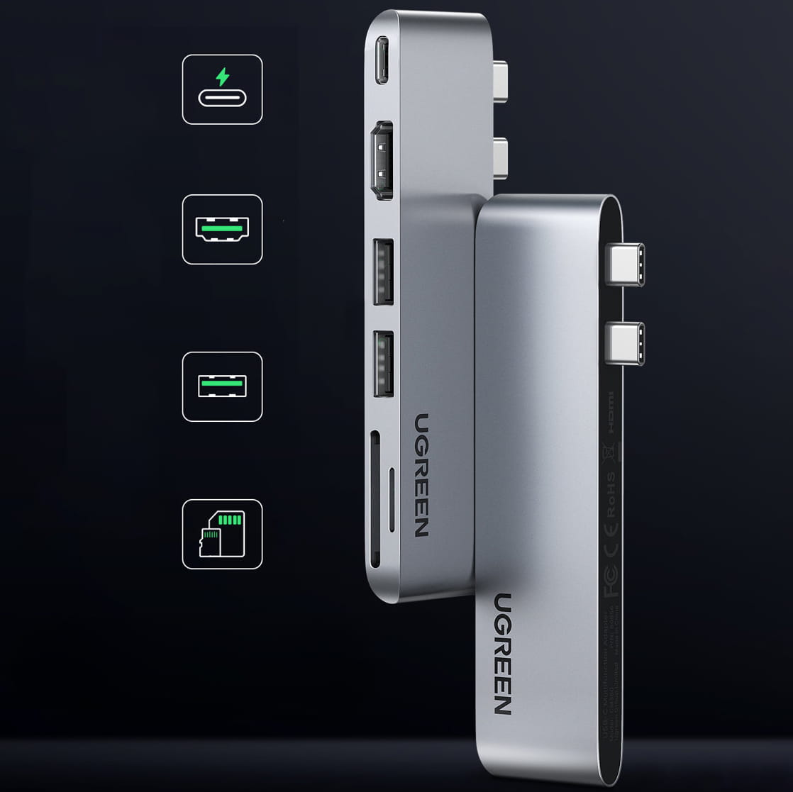 HUB Ugreen MacBook Splitter 2x USB Typ C - USB-C Thunderbolt 3, 2x USB-A 5Gb/s, HDMI 4k30Hz, SD, TF, Silber