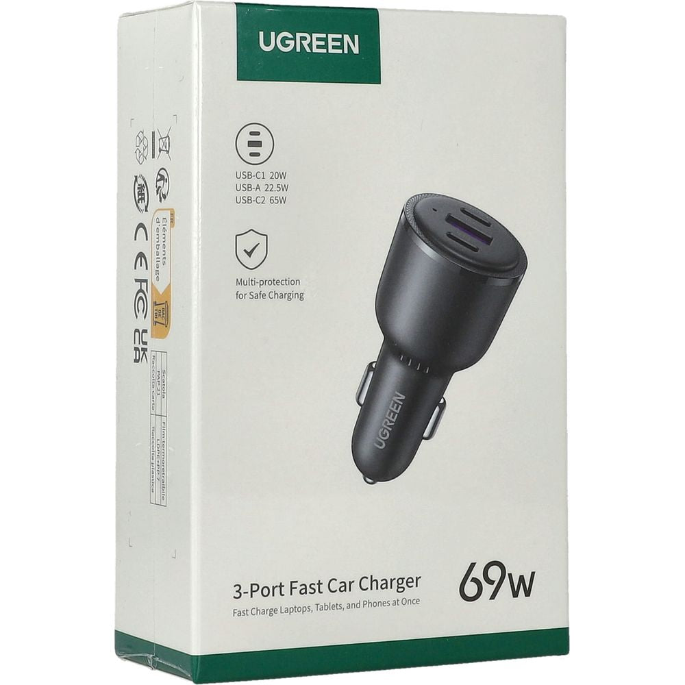 Autoladegerät Ugreen CD239 69W, 2x USB-C / 1x USB-A, QC 3.0, PD, Schwarz