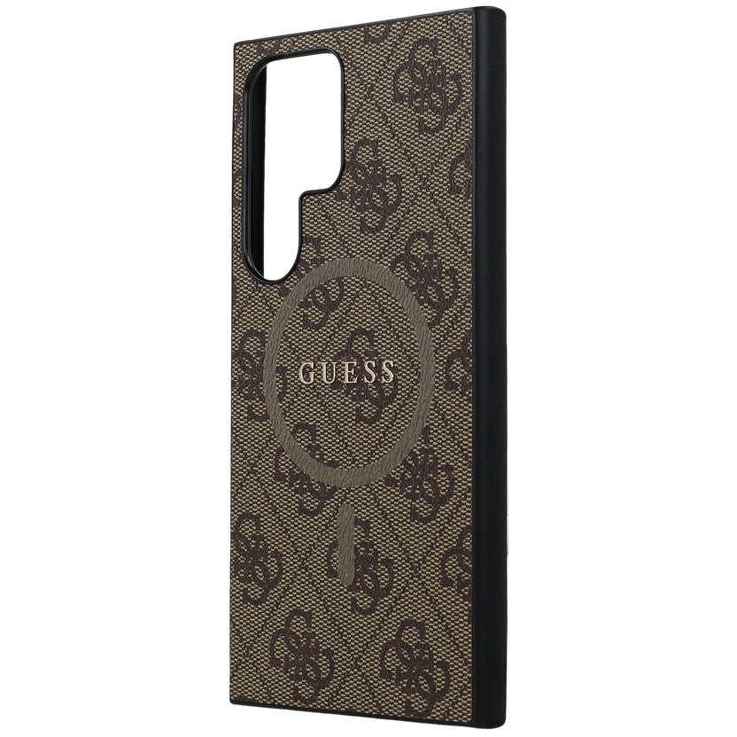 Schutzhülle für Galaxy S24 Ultra, Guess Hardcase 4G Leather Metal Logo MagSafe, Braun