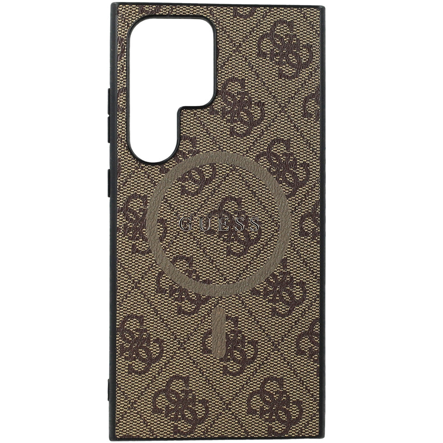 Schutzhülle für Galaxy S24 Ultra, Guess Hardcase 4G Leather Metal Logo MagSafe, Braun
