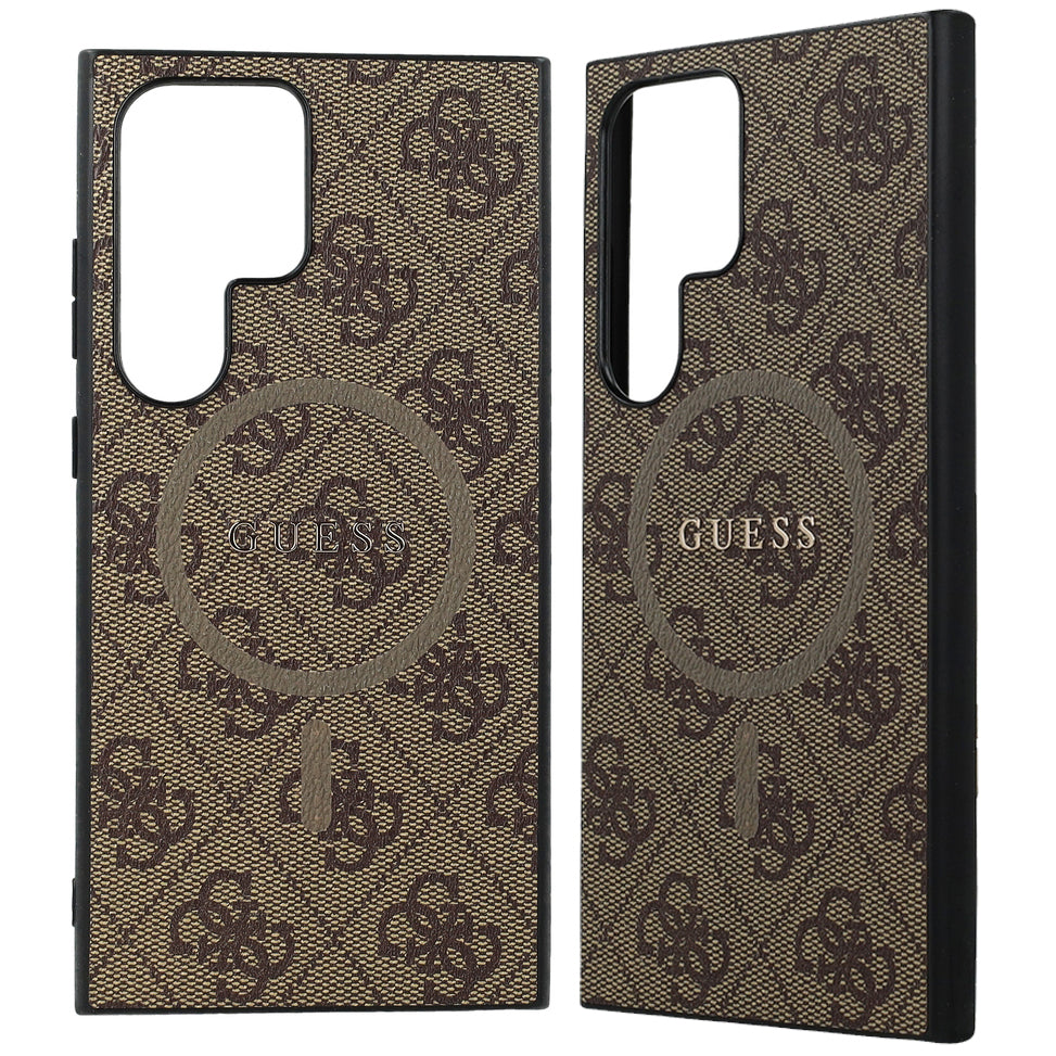Schutzhülle für Galaxy S24 Ultra, Guess Hardcase 4G Leather Metal Logo MagSafe, Braun