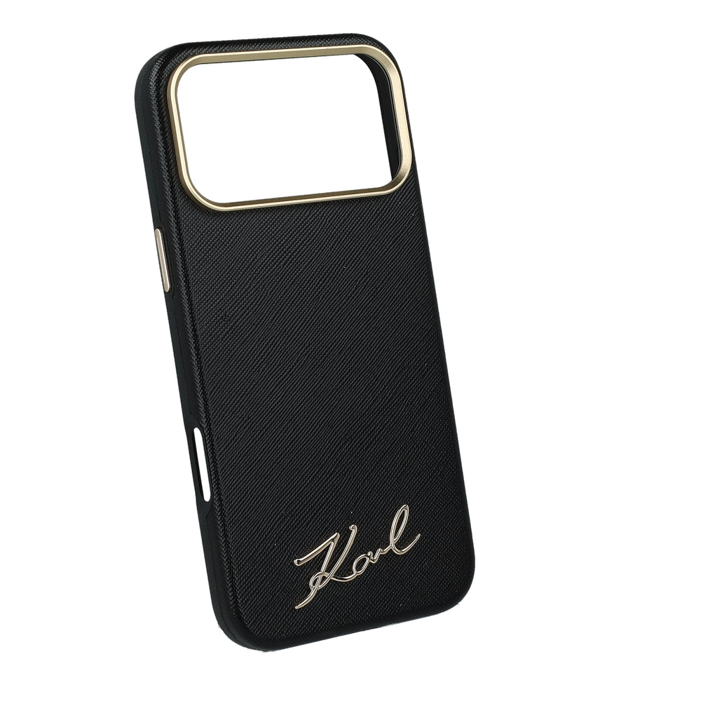 Handyhülle für iPhone 18 Pro Max / 17 Pro Max, Karl Lagerfeld Saffiano Small Script Metal Logo mit MagSafe, Schwarz