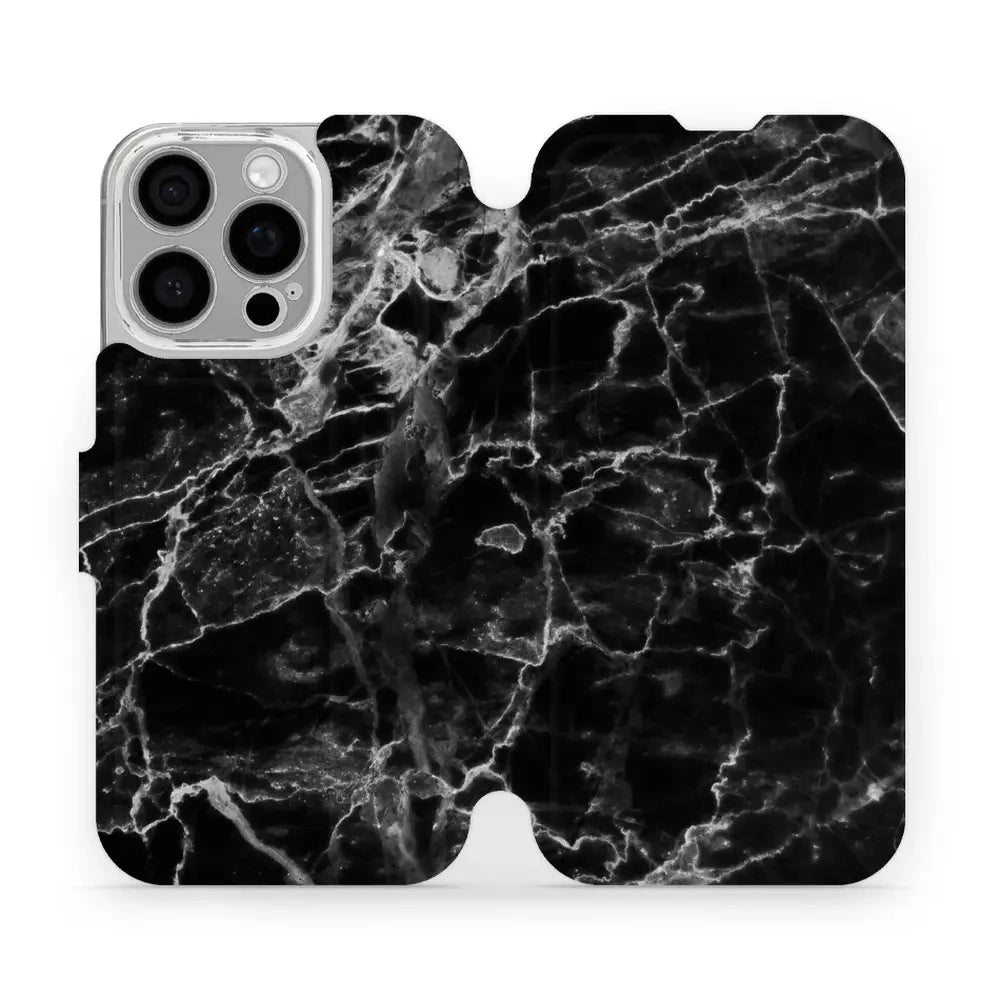 Handyhülle mit klappe für iPhone 16 Pro, Mobiwear Book, Schwarzer Marmor